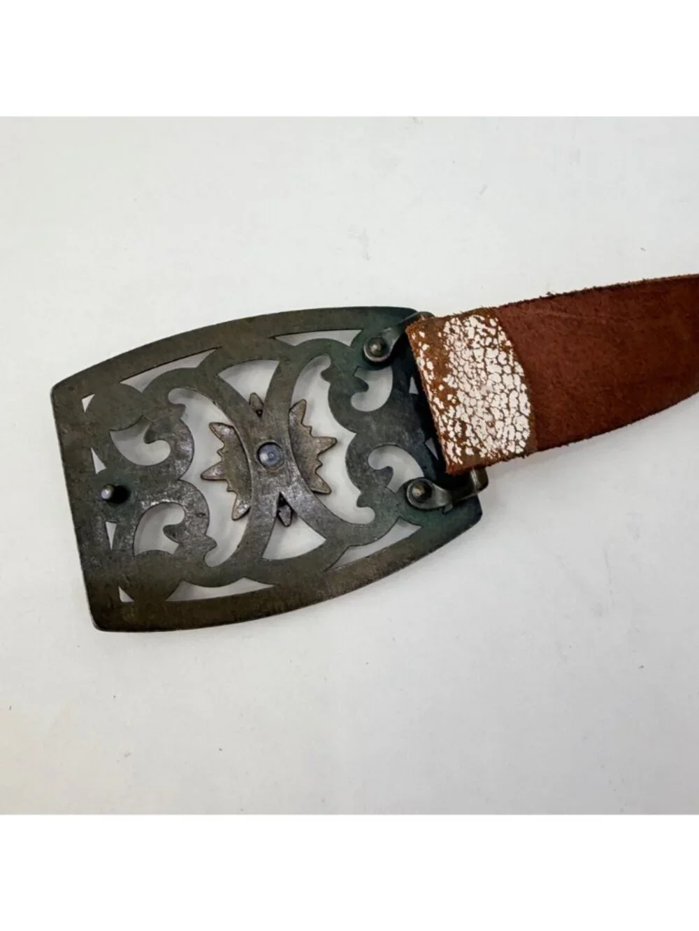 Aldo Y2K Western Boho Distressed Leather Belt Rhinestone Buckle Studded Brown